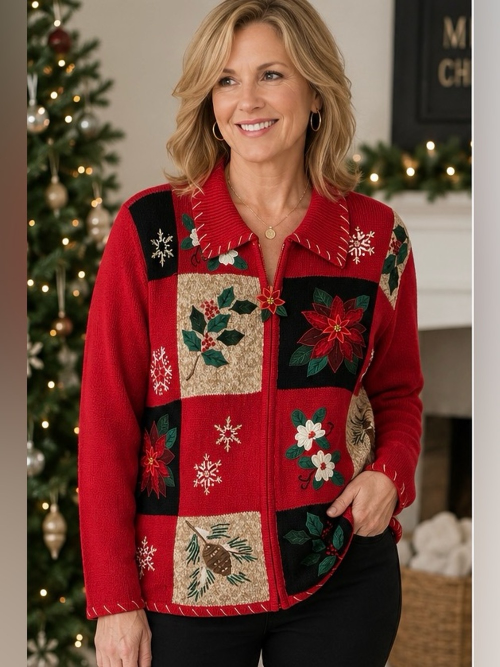 Vintage Tiara International Christmas Collection Zip Sweater Women’s Holiday
